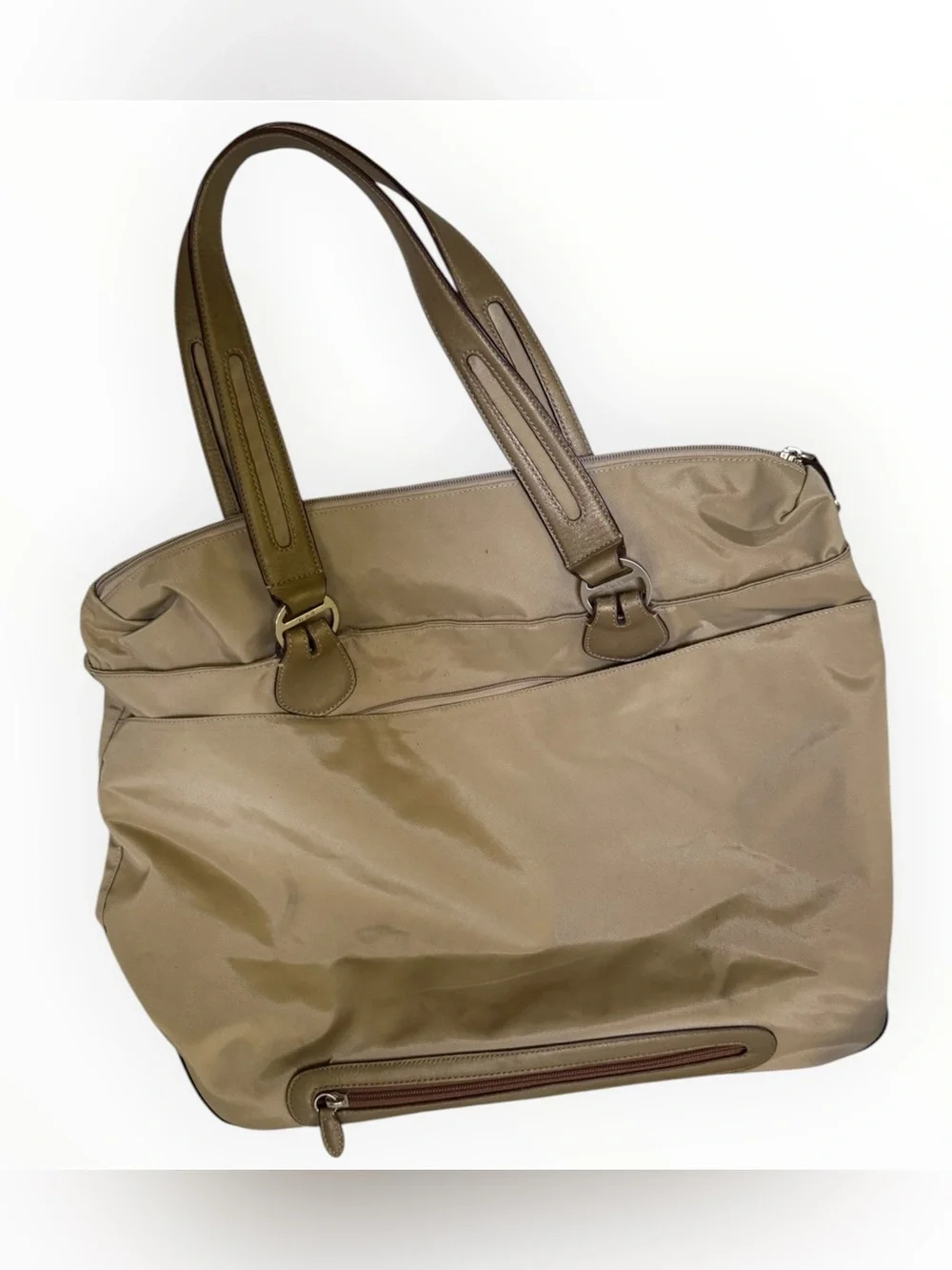 Tumi beige nylon tote features leather trim handle bag large